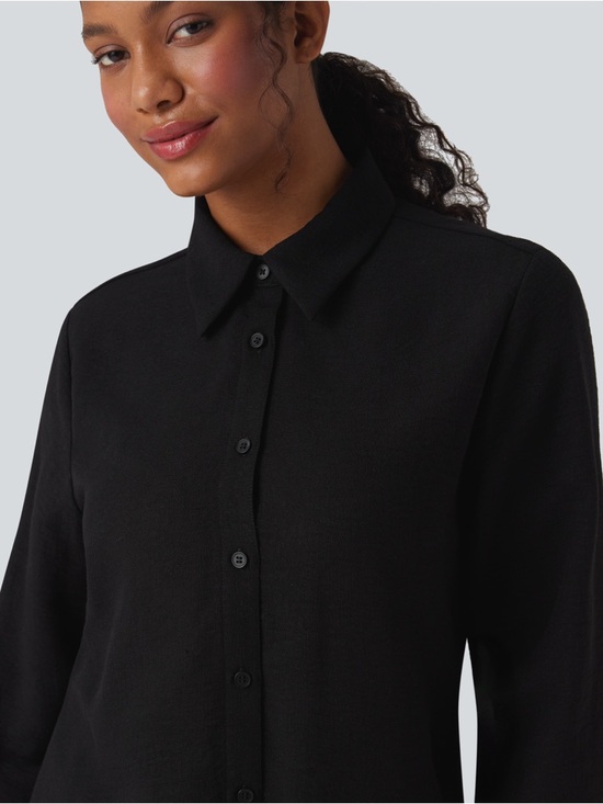 Halara Linen-Feel Button Down Shirt Black Long Sleeve Curved Hem NWT M - Picture 4 of 7